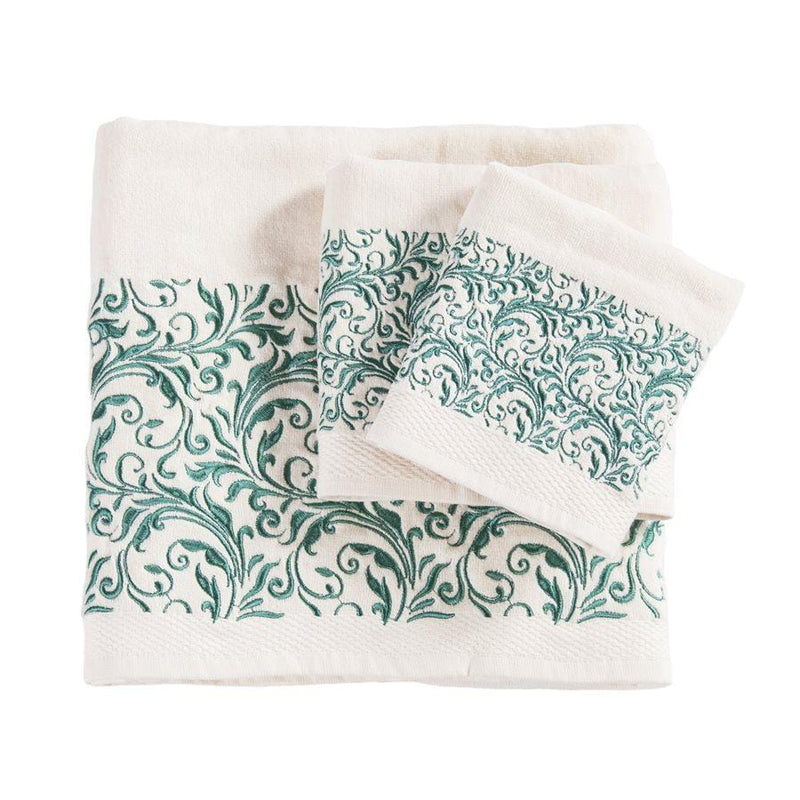 WYATT TURQUOISE SCROLL 3PC BATH TOWEL SET, CREAM