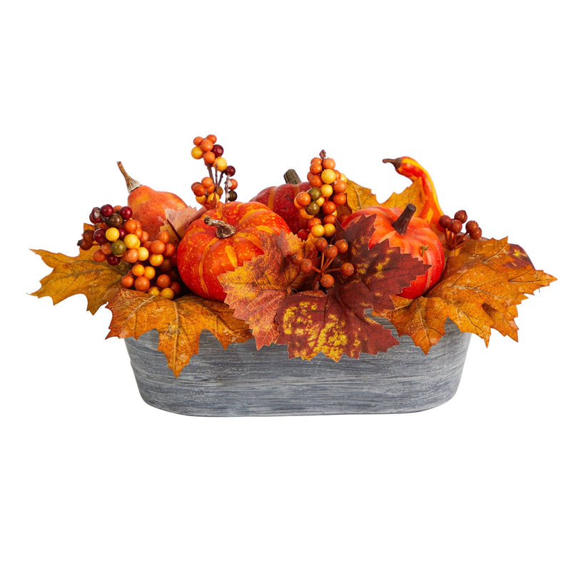 12” Fall Pumpkin and Berries Autumn Harvest Artificial Arrangement in Washed Vase by Nearly Natural