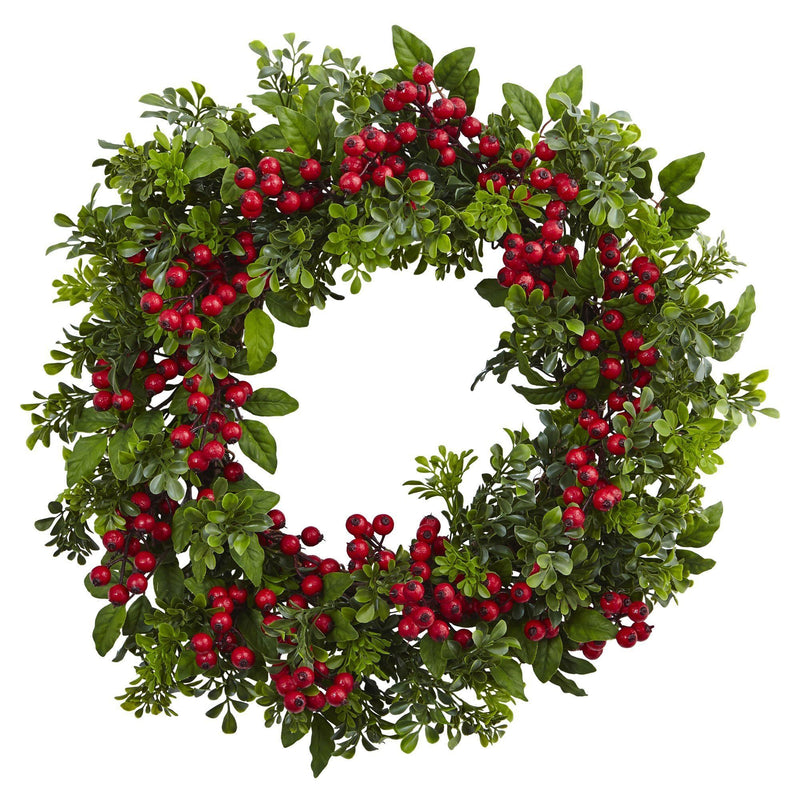 24” Berry Boxwood Wreath by Nearly Natural
