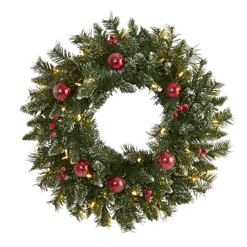24” Frosted Artificial Christmas Wreath with 50 Warm White LED Lights, Ornaments and Berries by Nearly Natural