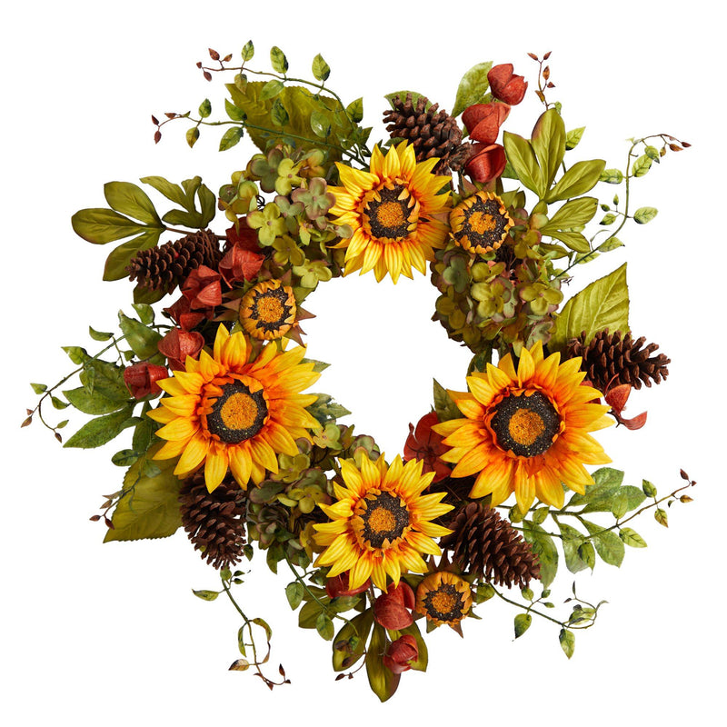 26” Fall Hydrangea, Sunflower and Pinecones Artificial Autumn Wreath by Nearly Natural