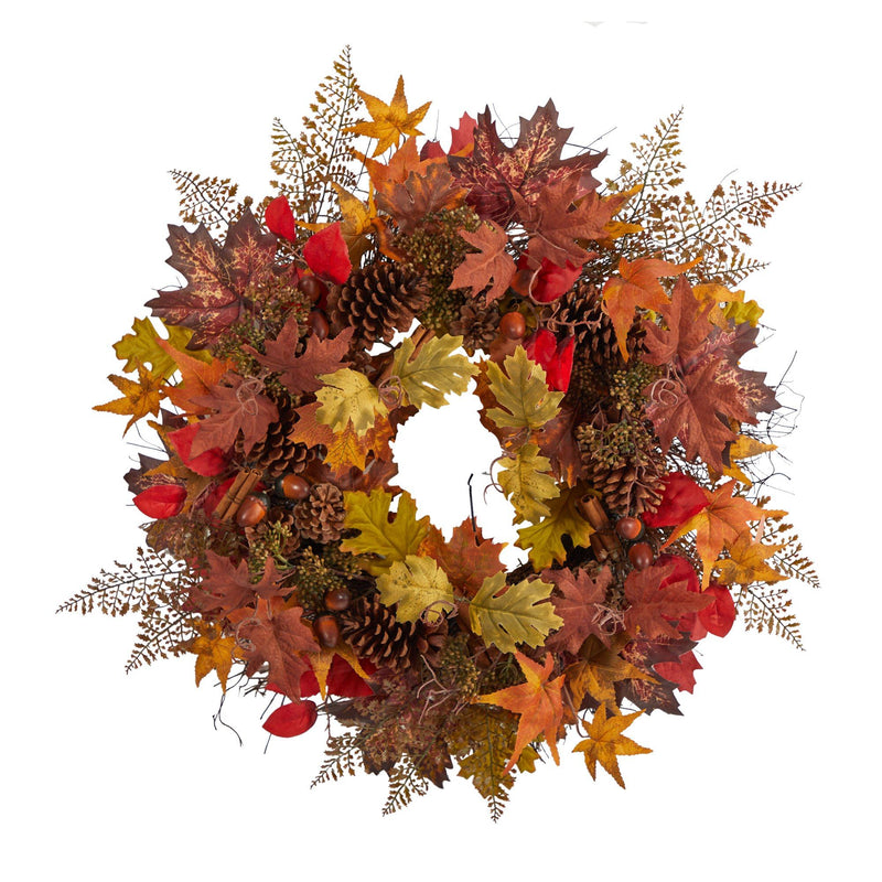 30” Autumn Maple Leaves, Acorn, Pinecones and Cinnamon Sticks Artificial Fall Wreath by Nearly Natural