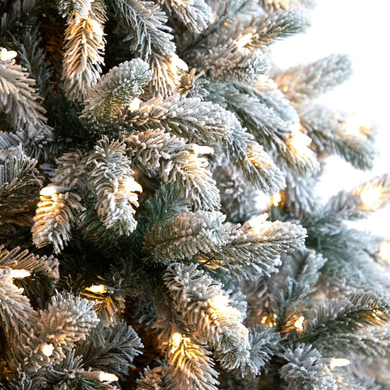 9’ Flocked South Carolina Spruce Christmas Tree with 850 Clear Lights and 2329 Bendable Branches by Nearly Natural