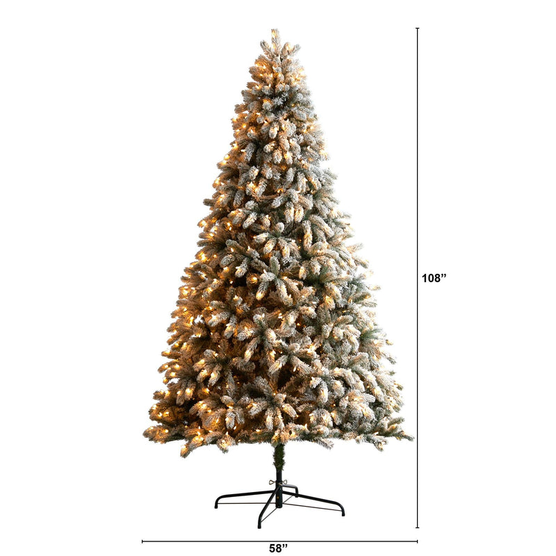 9’ Flocked South Carolina Spruce Christmas Tree with 850 Clear Lights and 2329 Bendable Branches by Nearly Natural