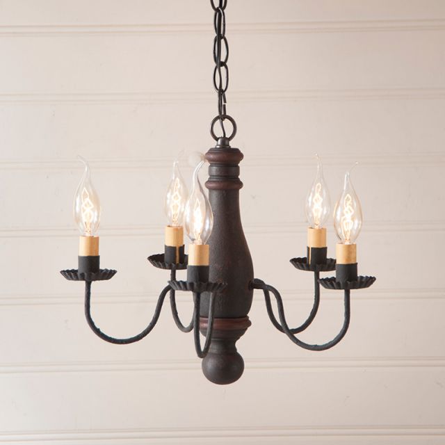 5-Arm Bed and Breakfast Wood Chandelier in Hartford Black with Red Stripe