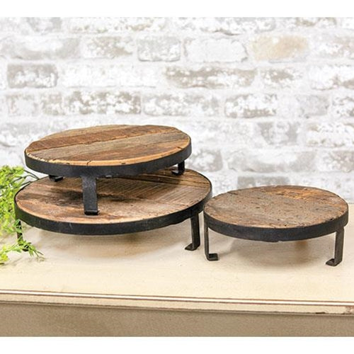 Weathered Wood and Metal Round Risers (Set of 3)