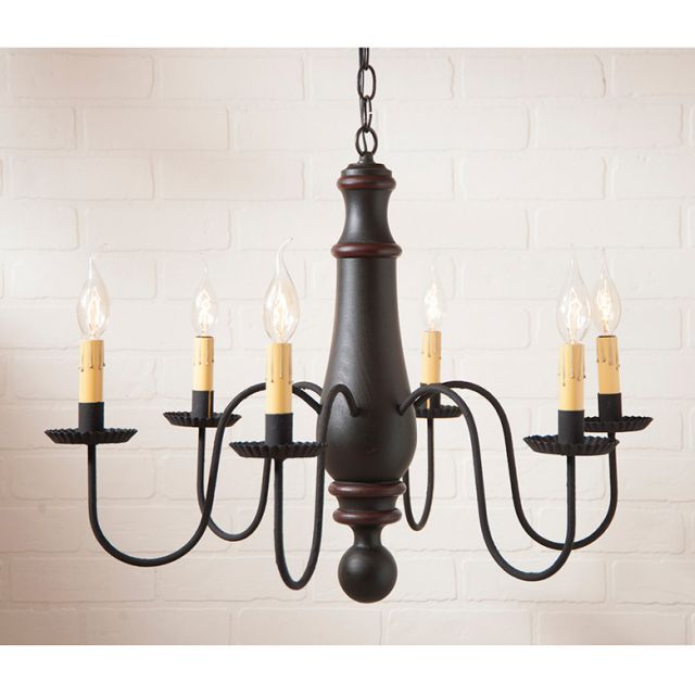 6-Arm Large Norfolk Wood Chandelier in Sturbridge Black with Red Stripe
