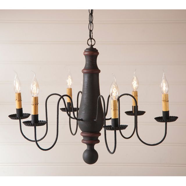 6-Arm Large Norfolk Wood Chandelier in Hartford Black with Red Stripe