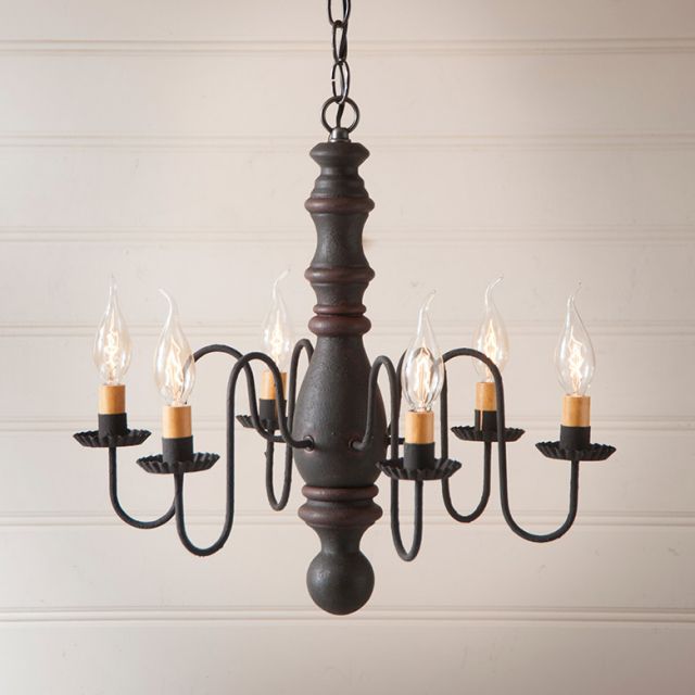 6-Arm Manassas Wood Chandelier in Hartford Black with Red Stripe