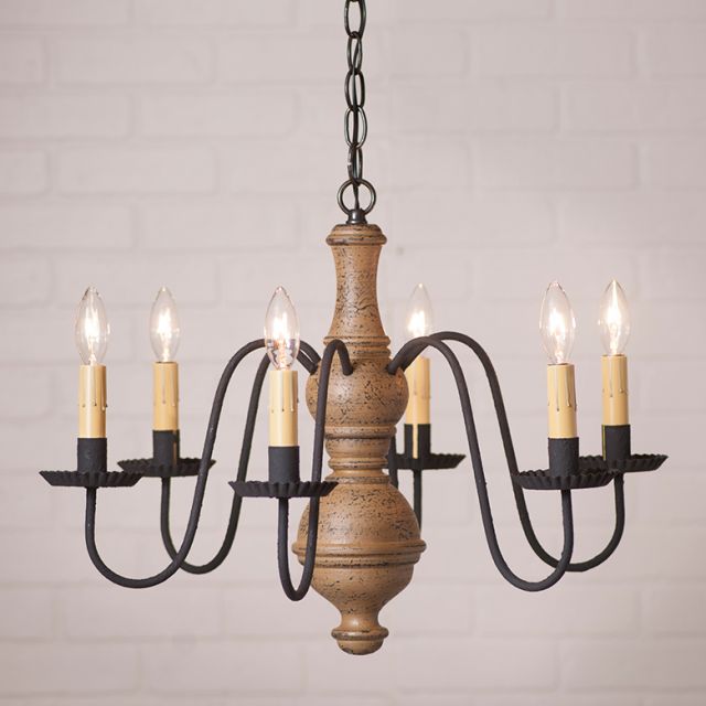 6-Arm Medium Chesterfield Wood Chandelier in Americana Pearwood