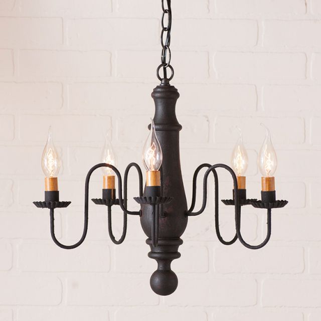 5-Arm Medium Norfolk Wood Chandelier in Hartford Black over Red