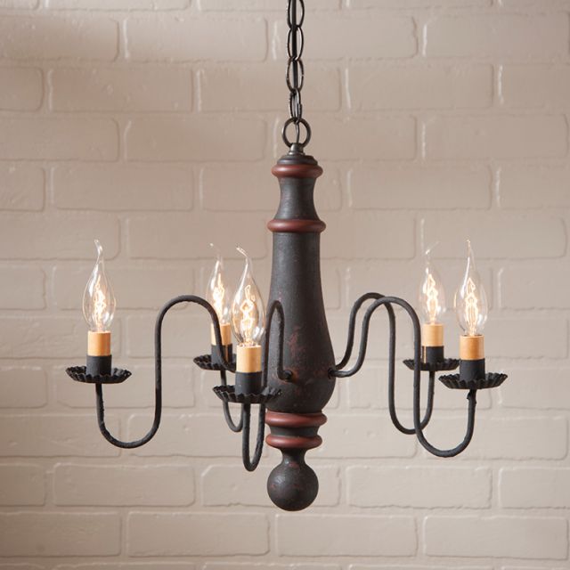 5-Arm Medium Norfolk Wood Chandelier in Hartford Black with Red Stripe