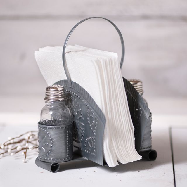 Napkin and Shaker Holder in Antique Tin