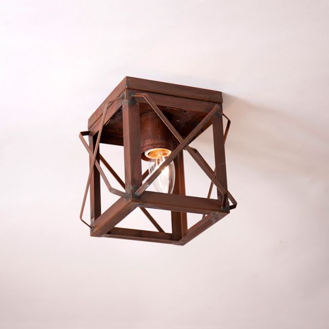 1 Light Flush Mount Single Ceiling Light with Folded Bars in Rustic Tin