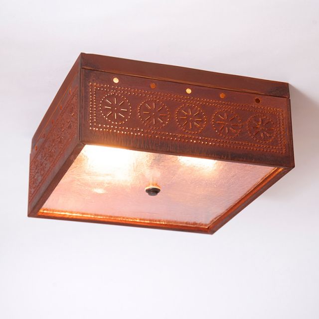 2 Light Flush Mount Square Ceiling Light with Chisel in Rustic Tin