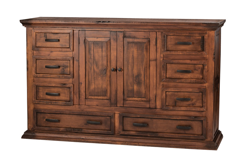 Wooden dresser with multiple drawers and doors on a white background