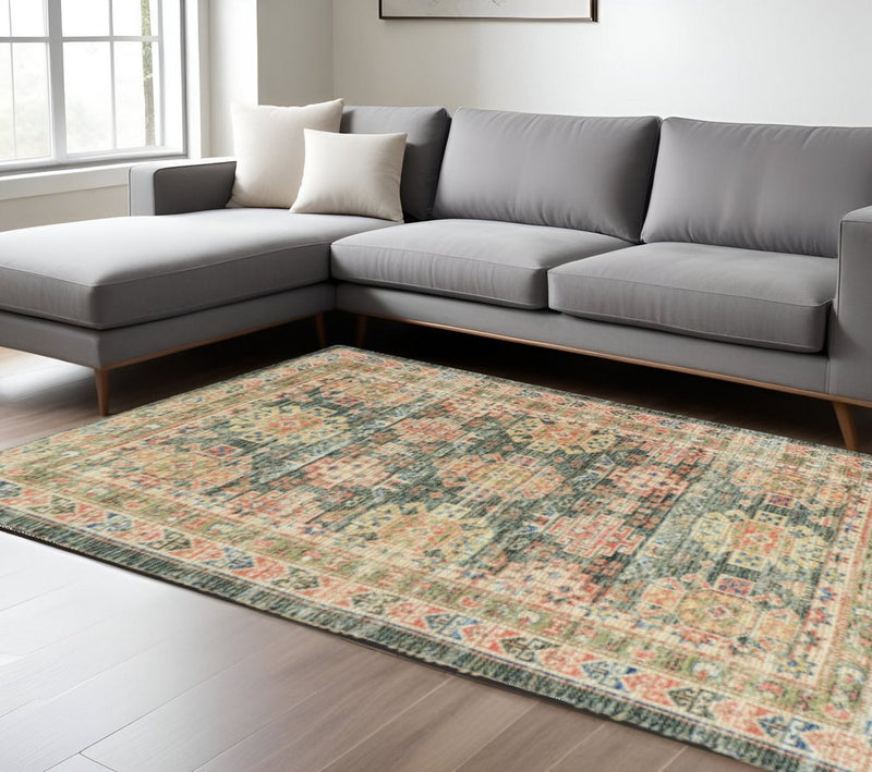 8' X 11' Charcoal Southwestern Handmade Worn Faded Area Rug