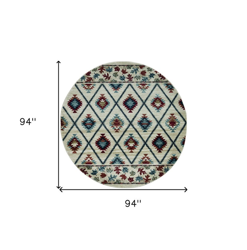 8' Ivory Machine Woven Geometric Lodge Round Indoor Area Rug