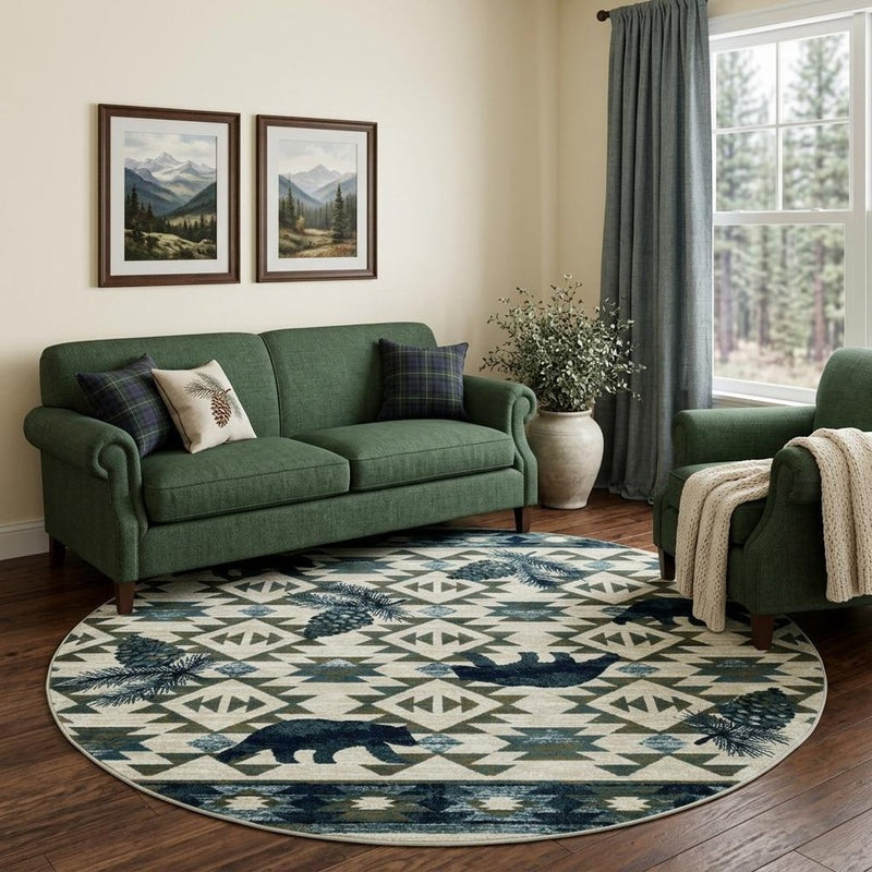 7' Round Ivory Or Blue Geometric Lodge Pattern Indoor Area Rug