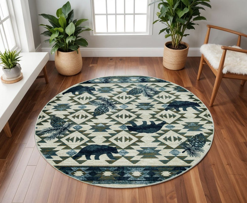 7' Round Ivory Or Blue Geometric Lodge Pattern Indoor Area Rug