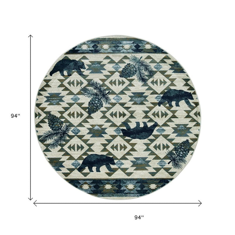 7' Round Ivory Or Blue Geometric Lodge Pattern Indoor Area Rug