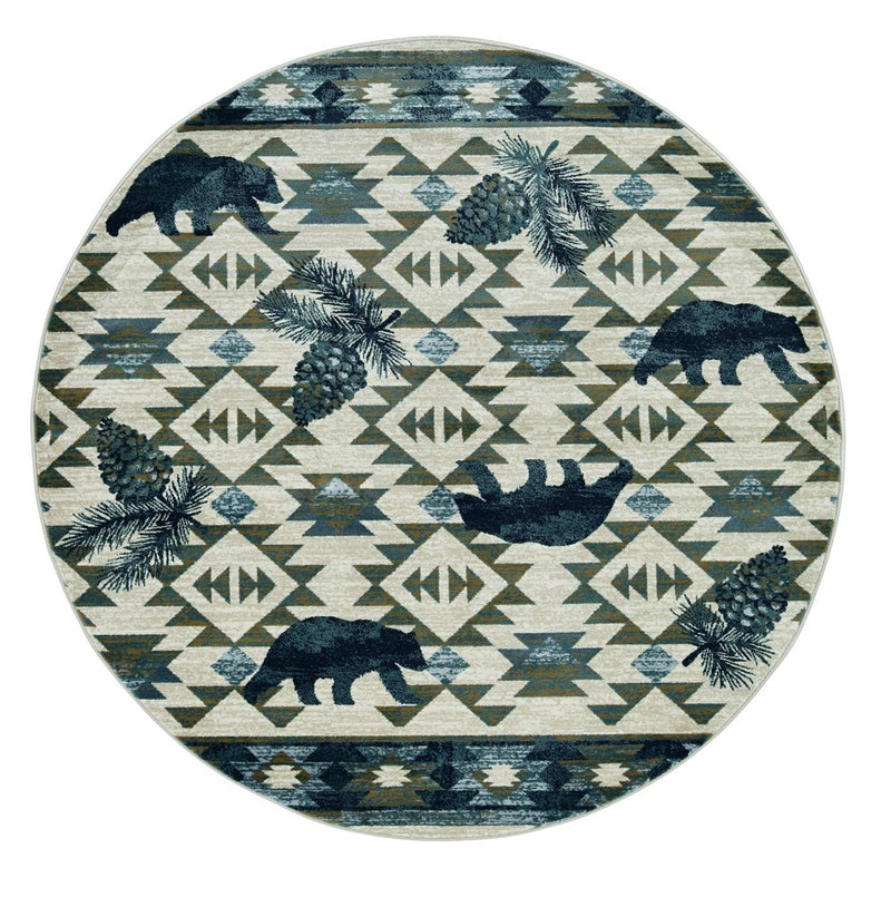7' Round Ivory Or Blue Geometric Lodge Pattern Indoor Area Rug