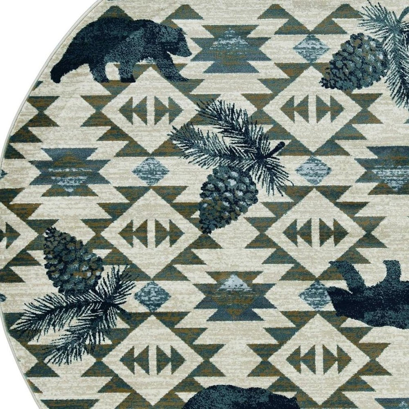 7' Round Ivory Or Blue Geometric Lodge Pattern Indoor Area Rug