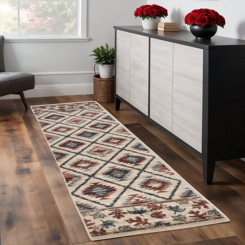 8' Ivory Machine Woven Geometric Lodge Round Indoor Area Rug
