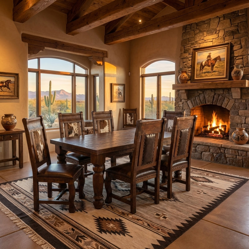 Oasis 6' Dining Table set with 6 Gran Hacienda Cohwide Leather Chairs in Chestnut finish
