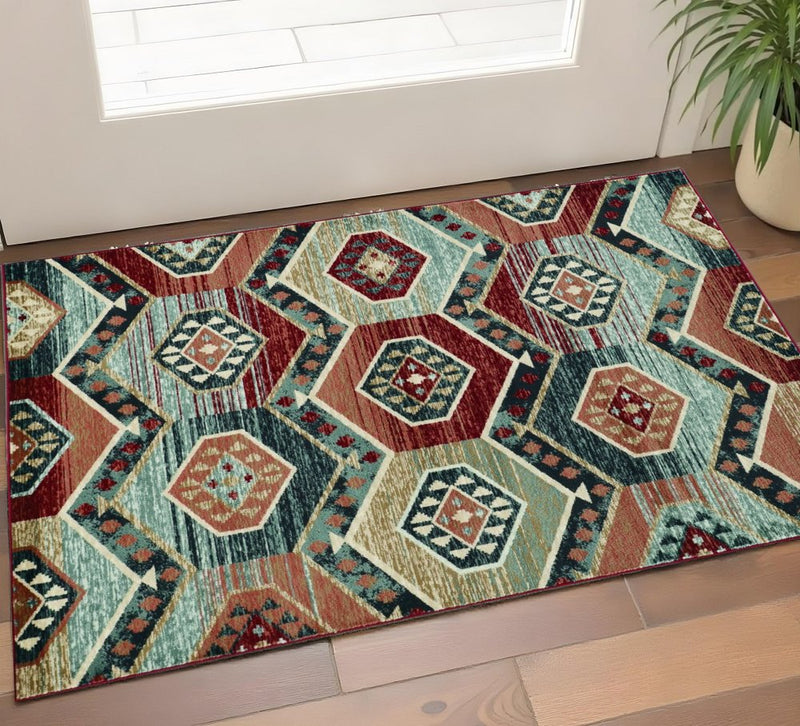 3' X 5' Red Machine Woven Honeycomb Lodge Indoor Area Rug