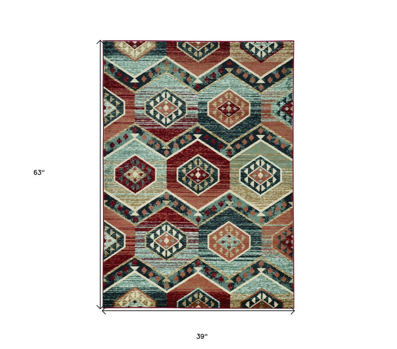 3' X 5' Red Machine Woven Honeycomb Lodge Indoor Area Rug