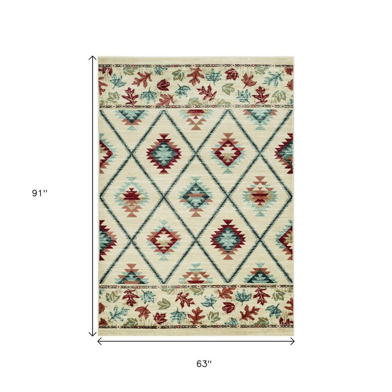 5' X 8' Ivory Machine Woven Geometric Lodge Indoor Area Rug