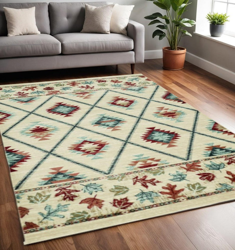 5' X 8' Ivory Machine Woven Geometric Lodge Indoor Area Rug