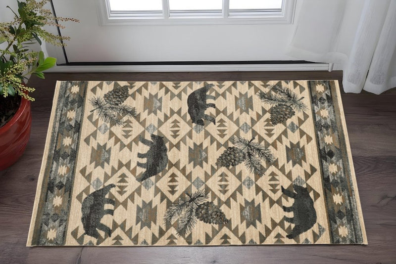 3' X 5' Ivory and Blue Woodland Lodge Area Rug