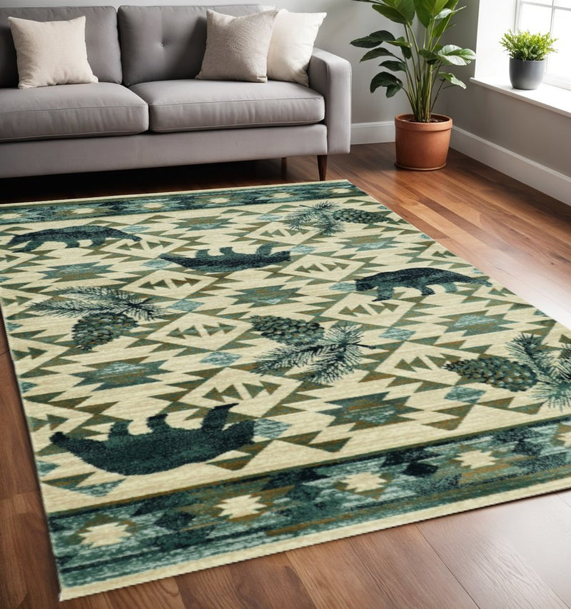3' X 5' Ivory and Blue Woodland Lodge Area Rug