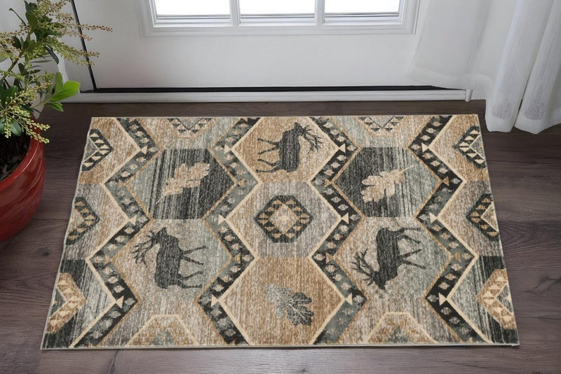 3' X 5' Beige and Ivory Woodland Lodge Area Rug