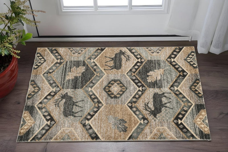 3' X 5' Beige and Ivory Woodland Lodge Area Rug