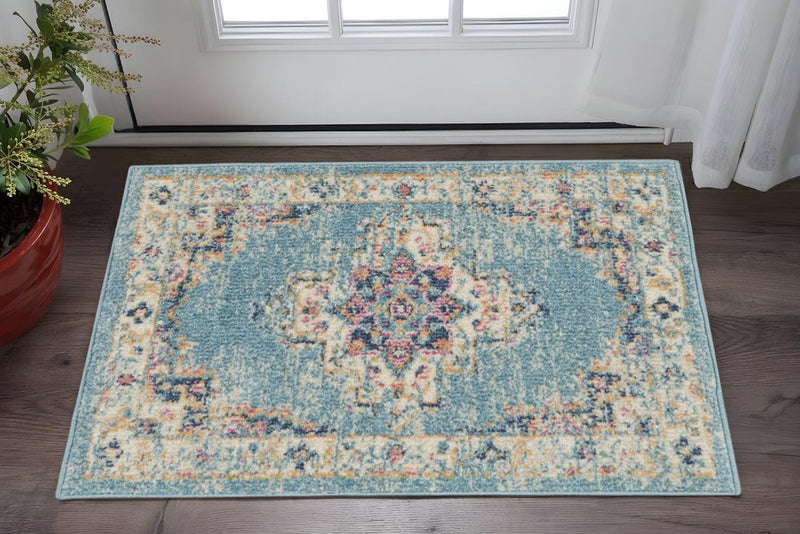 2' X 3' Light Blue Southwestern Power Loom Area Rug