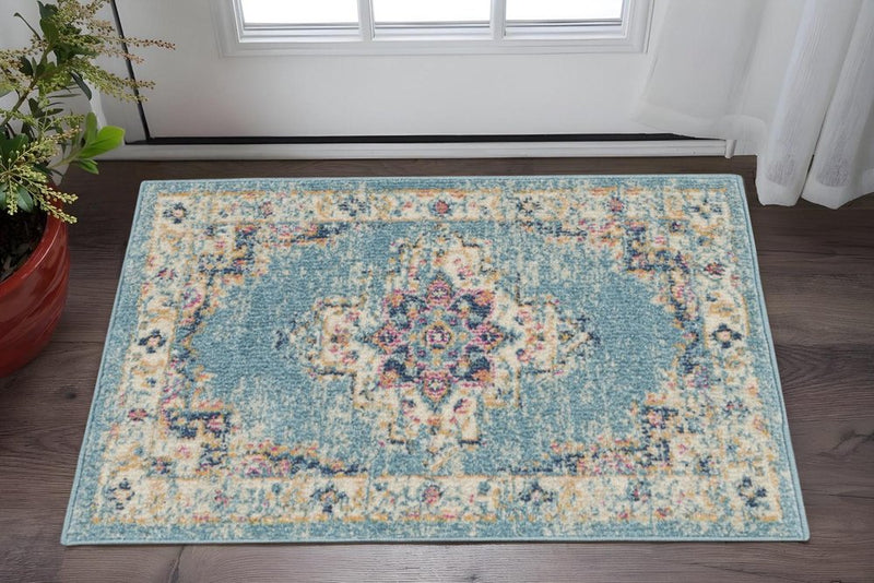 2' X 3' Light Blue Southwestern Power Loom Area Rug