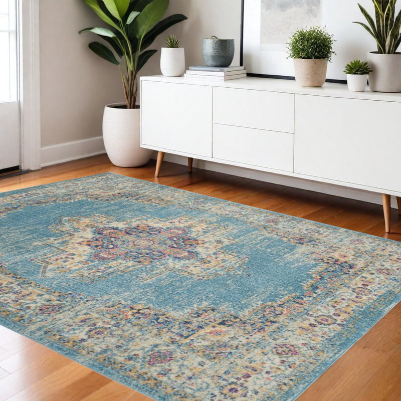 4' X 6' Light Blue Southwestern Power Loom Area Rug