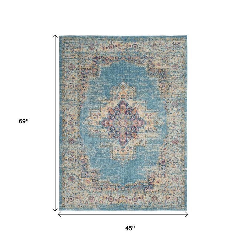 4' X 6' Light Blue Southwestern Power Loom Area Rug