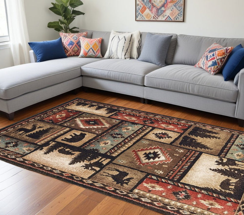 7' X 9' Black And Brown Nature Lodge Area Rug