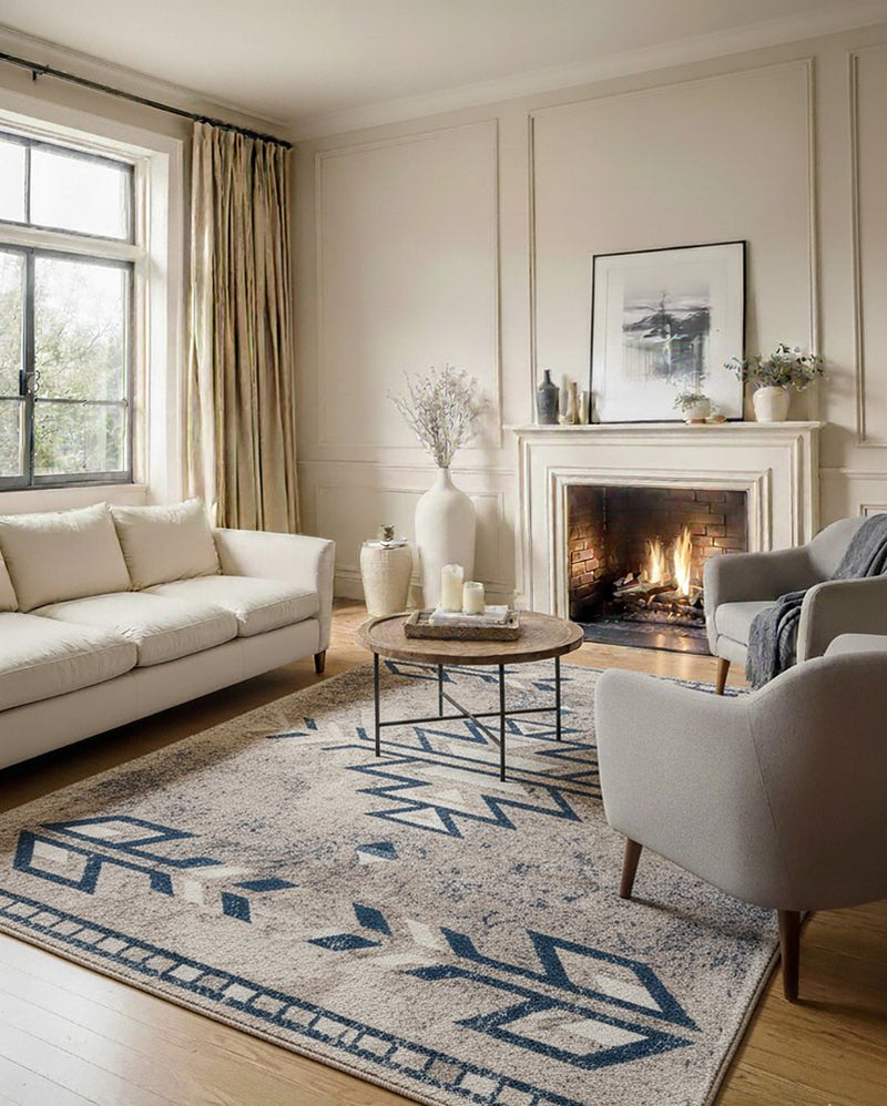 5' X 8' Gray Beige and Blue Southwestern Washable Area Rug