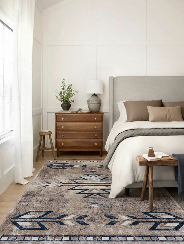 5' X 8' Gray Beige and Blue Southwestern Washable Area Rug