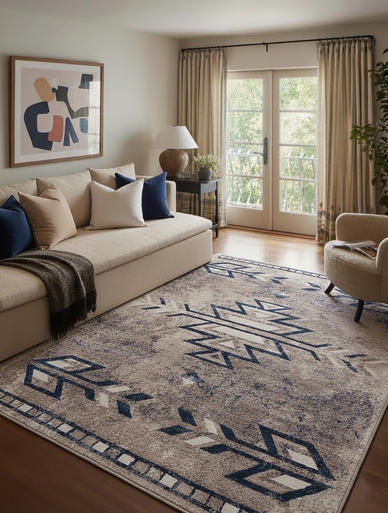5' X 8' Gray Beige and Blue Southwestern Washable Area Rug