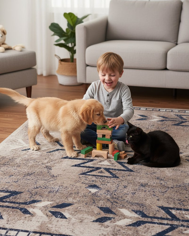 5' X 8' Gray Beige and Blue Southwestern Washable Area Rug