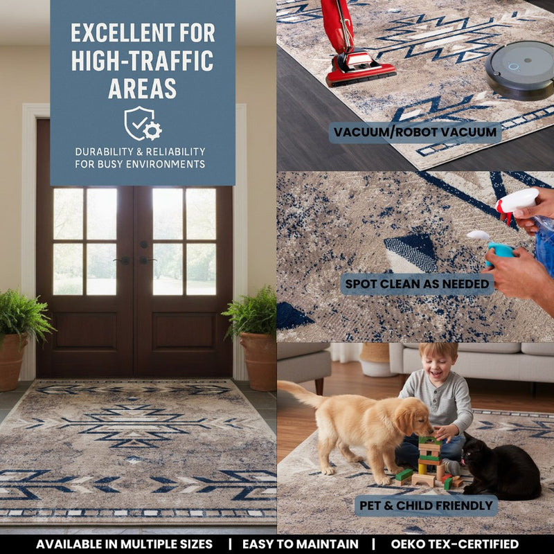 5' X 8' Gray Beige and Blue Southwestern Washable Area Rug