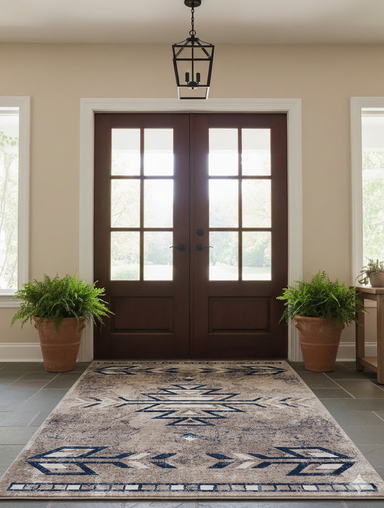 5' X 8' Gray Beige and Blue Southwestern Washable Area Rug