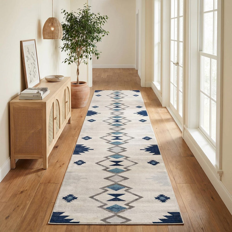 13' Runner Blue and Ivory Southwestern Runner Rug