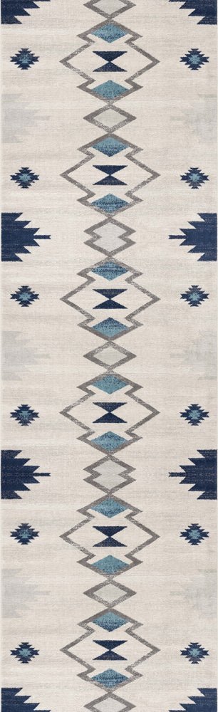 13' Runner Blue and Ivory Southwestern Runner Rug